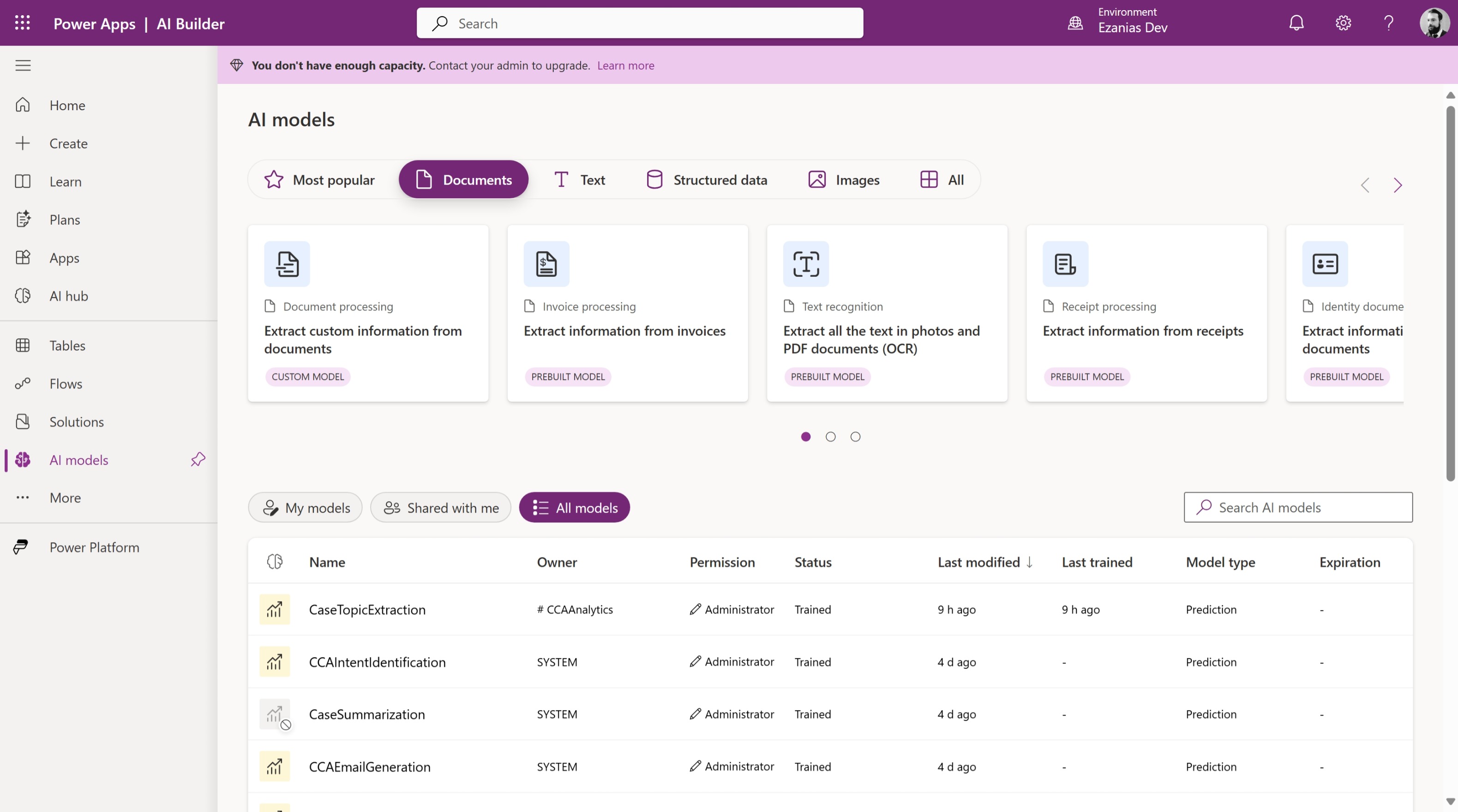 Document AI Models in the Power Apps maker portal